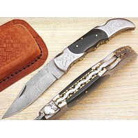 Custom Damascus Pocket Knife w/ Horn Scale P-62